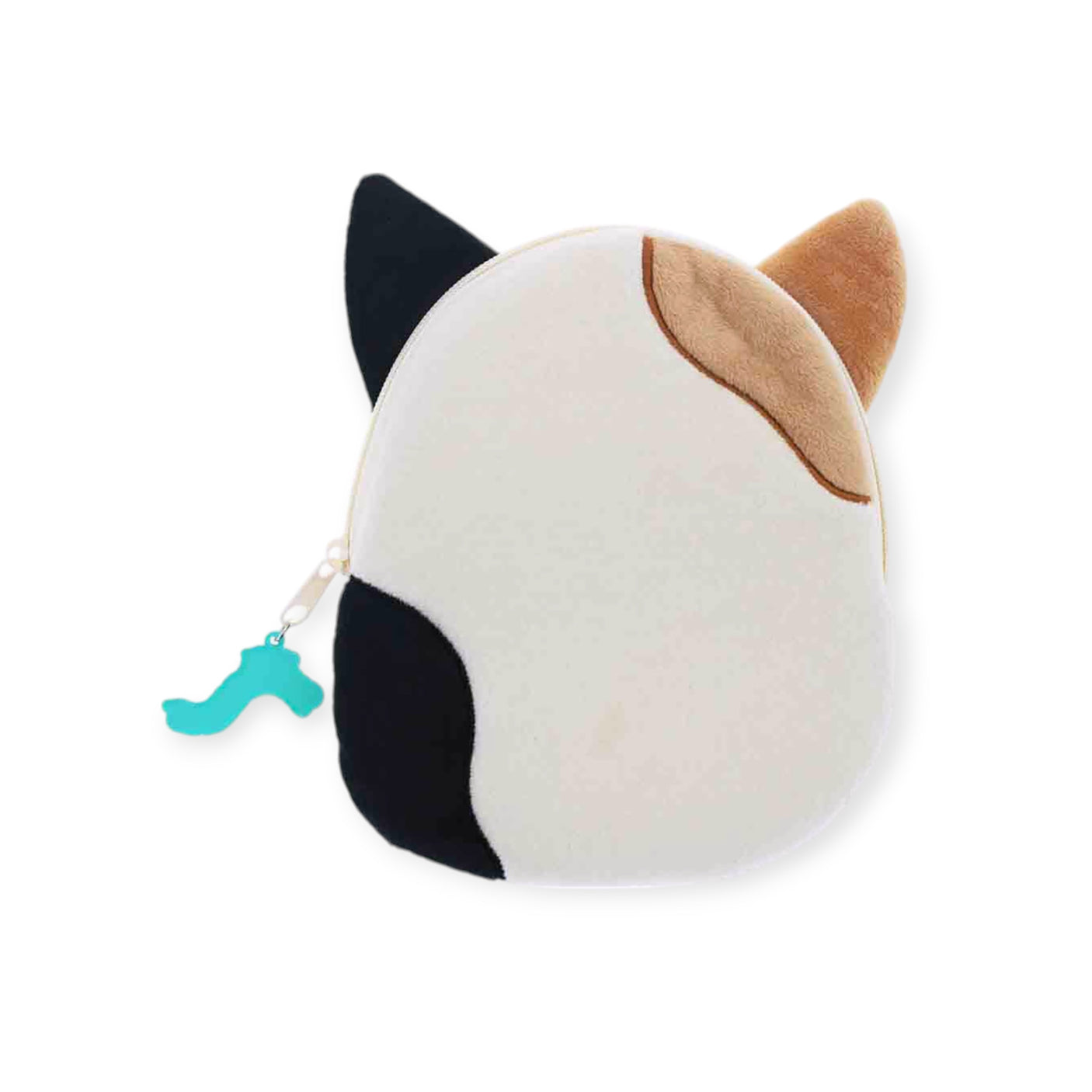 This charming Squishmallows Calico Cat Plush Case is designed in the likeness of a Calico Cat's face with black, white, and brown patches. It features pointed ears and a zipper adorned with a blue fish-shaped pull, making it an ideal pencil case to bring some flair to your daily essentials.