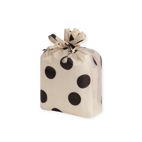 Beige polka dot drawstring storage pouch bag, black spots, tied top