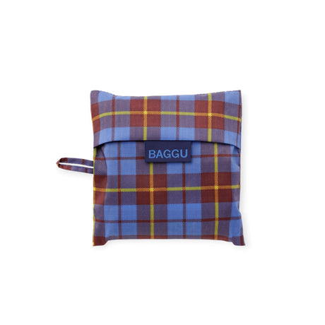 Reusable tote bag with blue and orange tartan plaid, with BaggU label.