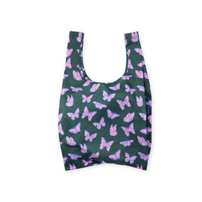 Reusable bag with pink and purple butterfly pattern on a dark green background