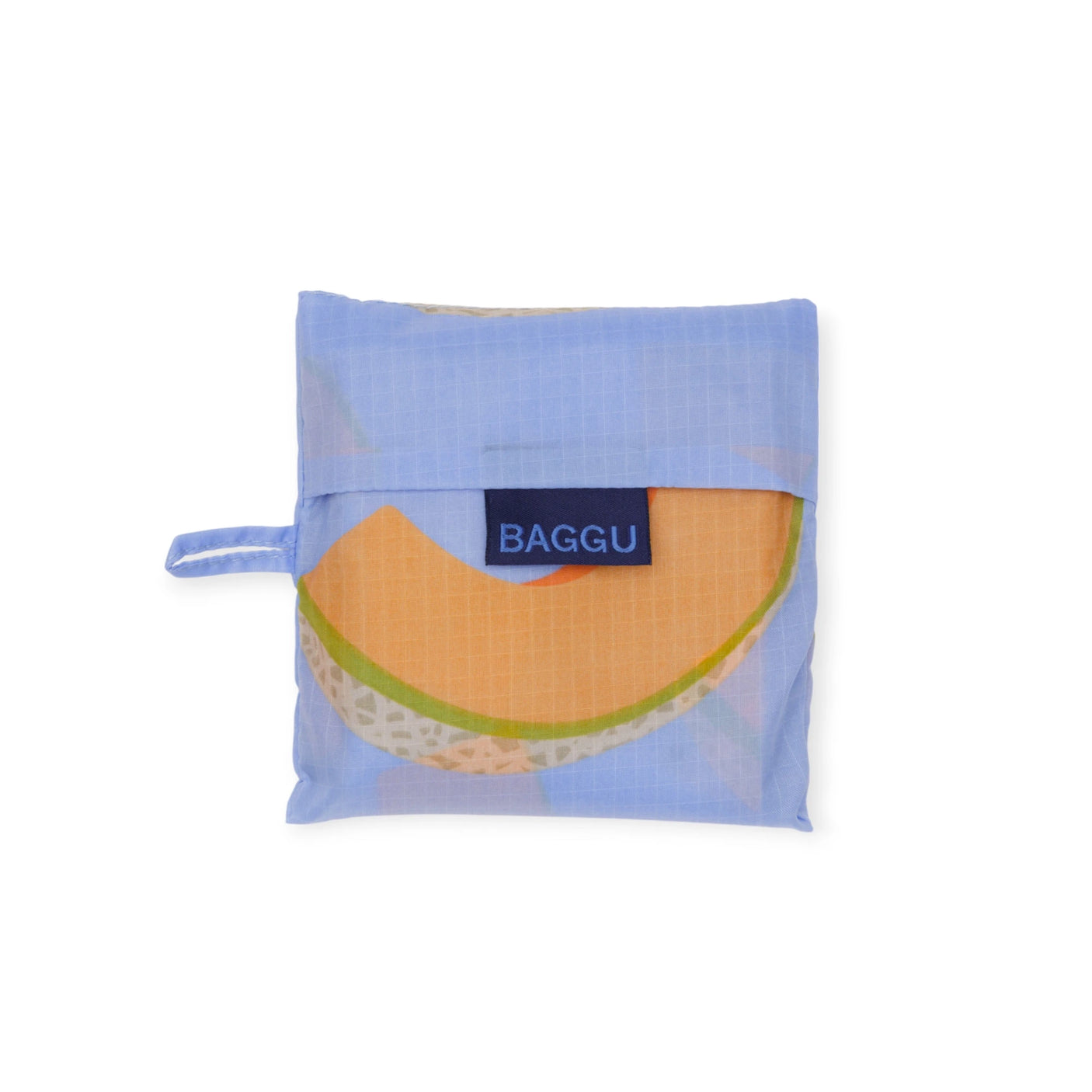 The Cantaloupe Blue Standard Baggu Bag features a vibrant sliced melon design on the front, made from recycled ripstop nylon for durability.