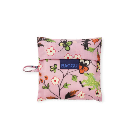 BAGGU reusable tote pouch bag in pink floral and woodland creature print