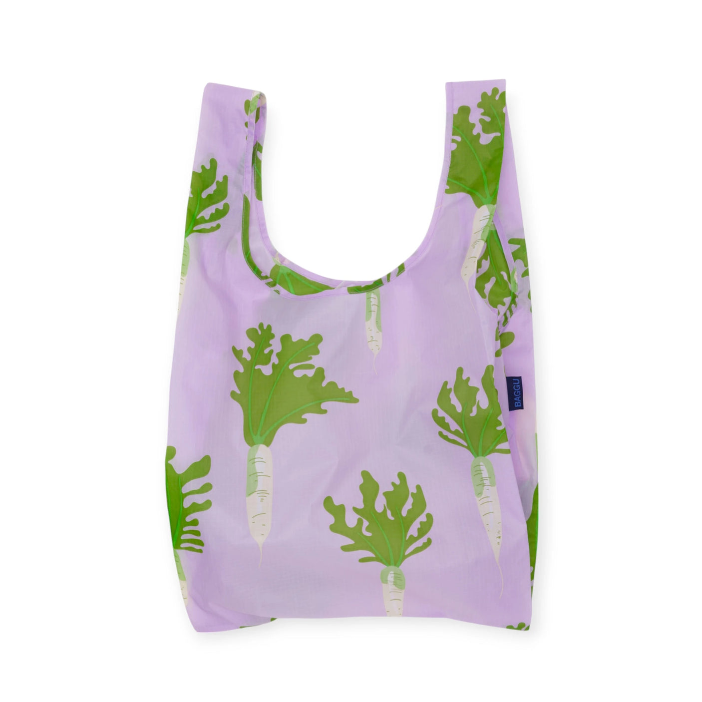 The Standard Baggu Bag - Daikon Pink by Baggu showcases a delightful green and white radish pattern on lavender, crafted from recycled ripstop nylon for durability and style.