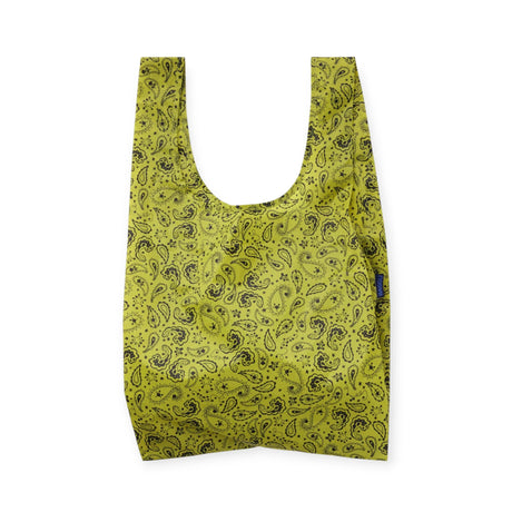 Chartreuse paisley reusable tote bag with wide strap and shaped opening