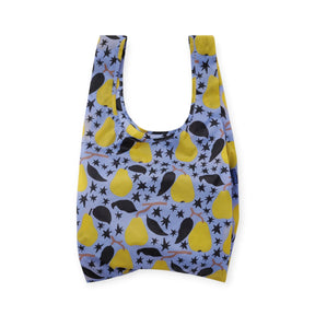 Reusable tote bag with yellow pear and black star pattern