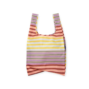 Reusable shopping bag with horizontal stripes in pastel pink, yellow, green, and coral on white background