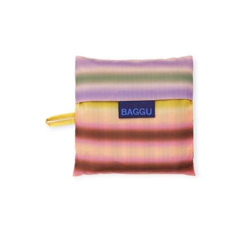 Compact square pouch with horizontal gradient stripes in purple, green, yellow, and brown and a blue logo patch