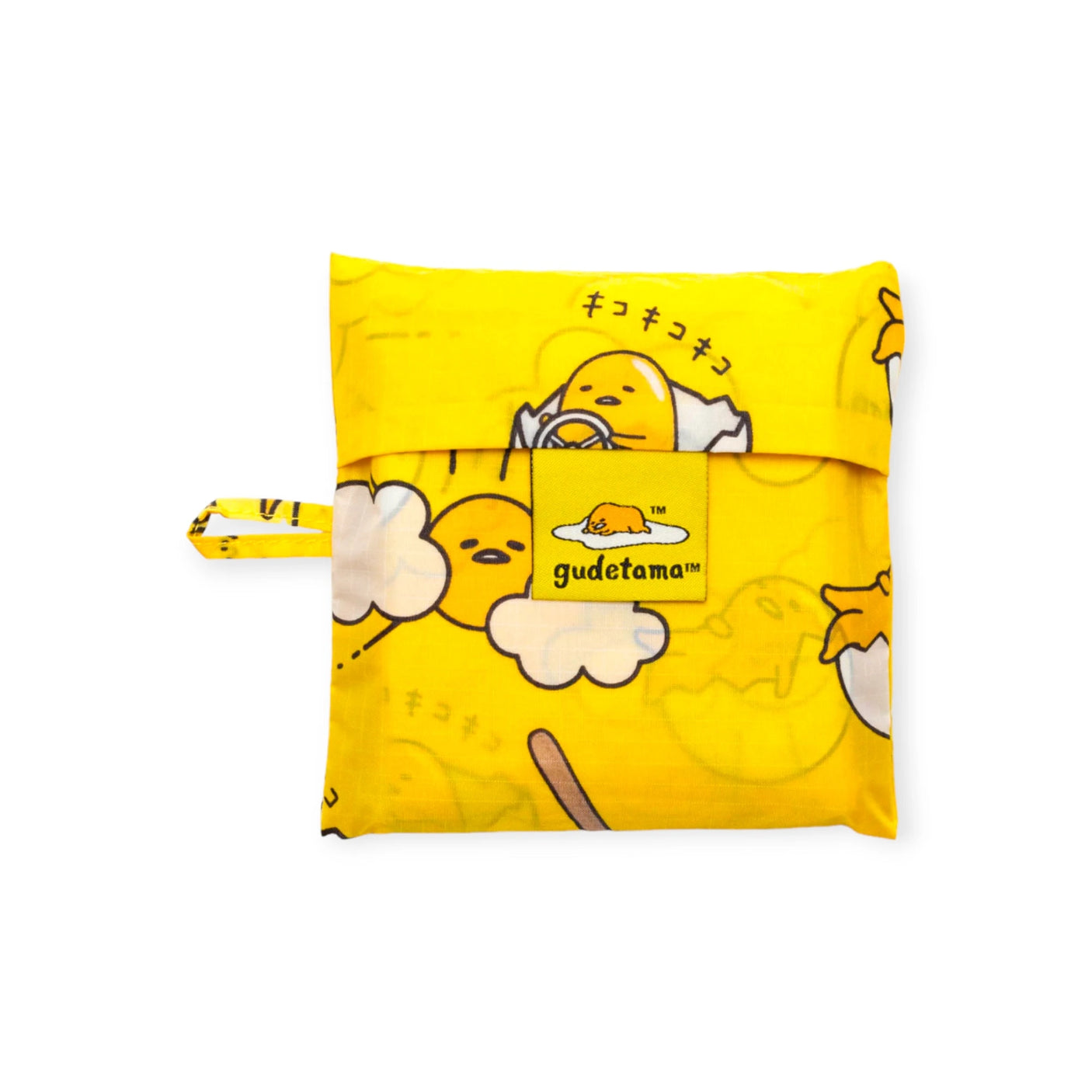 This delightful Baggu Standard Bag - Gudetama is made from recycled polyester and displays cartoon illustrations of the adorable egg character in different poses. It includes a small handle and snap button closure, capturing the playful spirit typical of a Baggu creation.