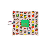 The Baggu Standard Bag - Hello Kitty Icons is a folded reusable bag with a colorful fruit and Hello Kitty pattern, adorned with a green label, highlighting its status as a Sustainable Choice.