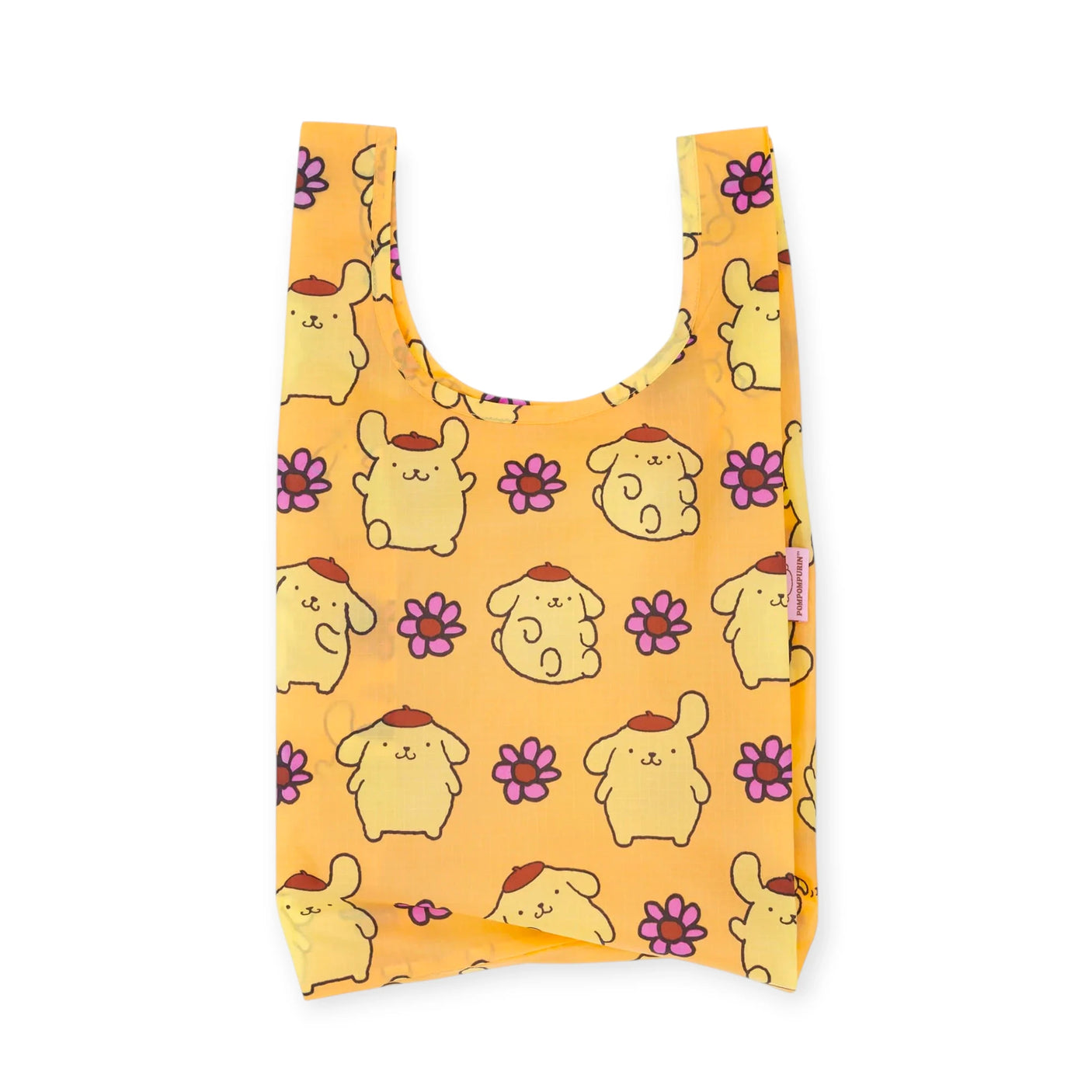 Baggu tote bag with Pompompurin dogs and purple flowers, yellow fabric