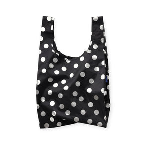 Baggu standard tote bag in black with silver metallic polka dots