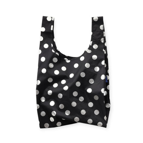 Baggu standard tote bag in black with silver metallic polka dots
