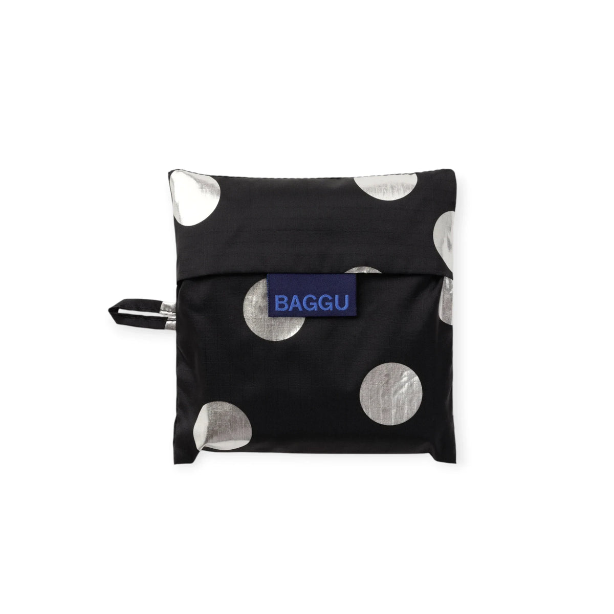 Baggu foldable tote bag with silver polka dots and blue logo label