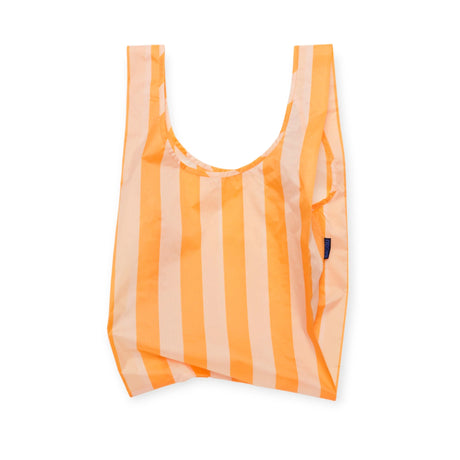 The Baggu Standard Reusable Bag - Tangerine Stripe by Baggu showcases bright tangerine stripes set against a white background and is made from recycled nylon for an eco-friendly touch.