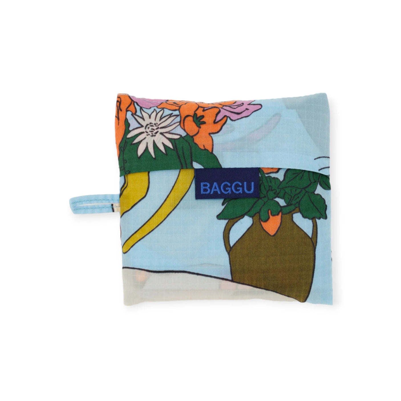 Folded fabric pouch featuring a delightful table cats design and a "Baggu" label, crafted from recycled nylon for an eco-friendly touch.