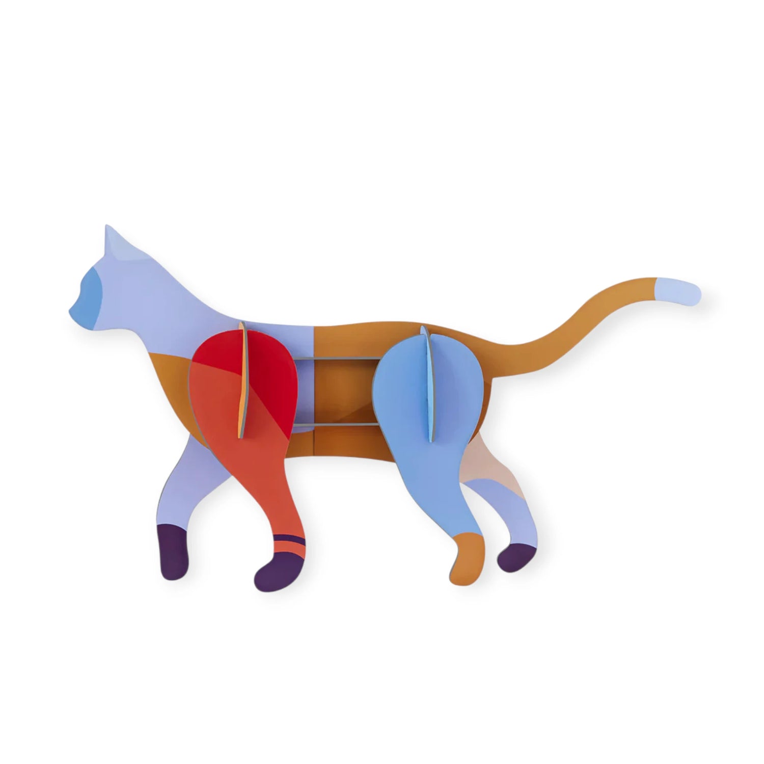 The Wall Art Puzzle - Mochi Cat by Studio Roof is an eco-friendly, abstract cat-shaped shelf with interlocking blue, orange, purple, and red panels that doubles as vibrant wall art for any space.