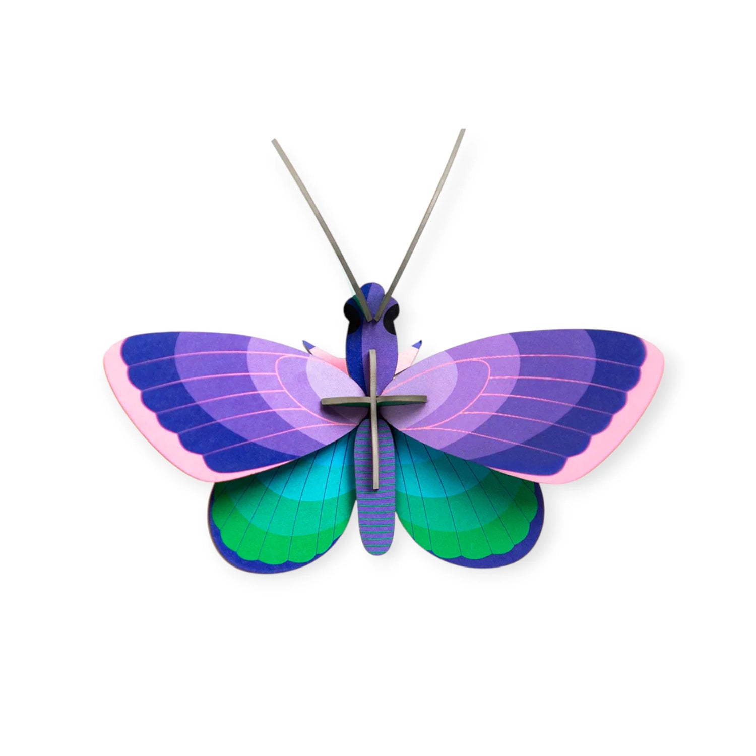 The Wall Art Puzzle - Blue Copper Butterfly by Studio Roof features vibrant pink, purple, blue, and green wings—perfect as wall decor for puzzle lovers or as a delicate 3D sculpture.
