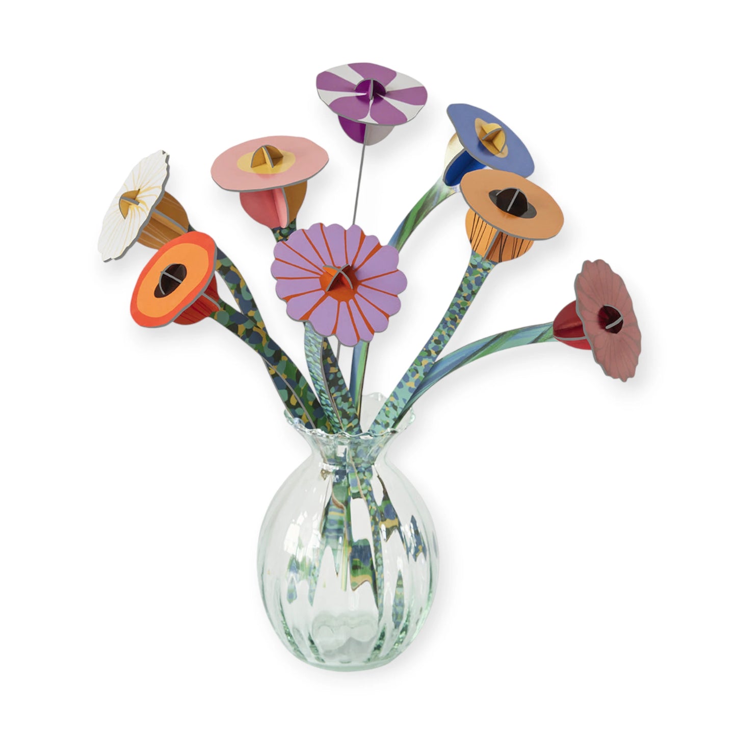 Floral bouquet art puzzle with colorful flower pieces in clear glass vase