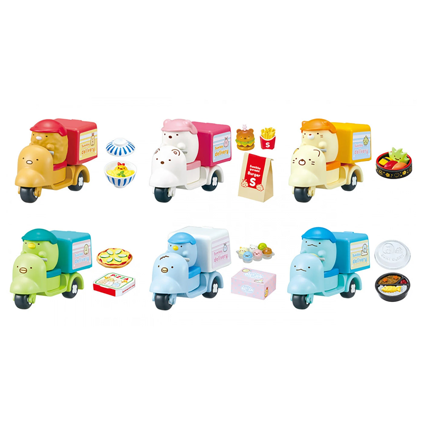 The Re-Ment Sumikko Gurashi Food Delivery Blind Box offers six vibrant toy delivery scooters, each featuring charming Sumikko Gurashi animal characters as riders paired with miniature food models, providing a delightful surprise reminiscent of a colorful Blind Box experience.