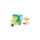 The Re-Ment Sumikko Gurashi Food Delivery Blind Box showcases a delightful green character from Sumikko Gurashi on a toy delivery scooter, complete with a toy pizza and pizza box. This charming blind box surprise beautifully captures the essence of food delivery in miniature form.