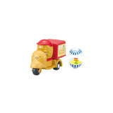 A Re-Ment Sumikko Gurashi Food Delivery Blind Box features a toy figure of a yellow Sumikko Gurashi character riding a red and yellow delivery scooter, capturing the essence of food delivery magic, along with a small rice bowl filled with food.