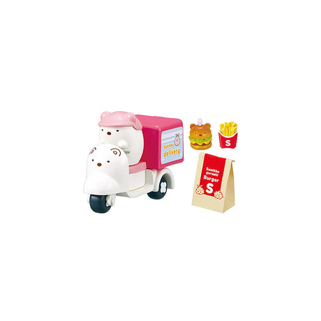 A toy hippo glides effortlessly, skillfully balancing a delivery box alongside a burger, fries, and a paper bag emblazoned with "S". This delightful scene could easily be from the Re-Ment Sumikko Gurashi Food Delivery Blind Box collection, bringing an unexpected twist to your food delivery dreams.