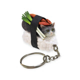 Explore the charming Sushi Cat Keychain Blind Box - Vol.1 by Mofusand, showcasing a whimsical cat figurine dressed as sushi with vegetables and seaweed on a rice-like base. Part of our collectible keychains series, it adds a perfect touch of charm to your keys or bags.