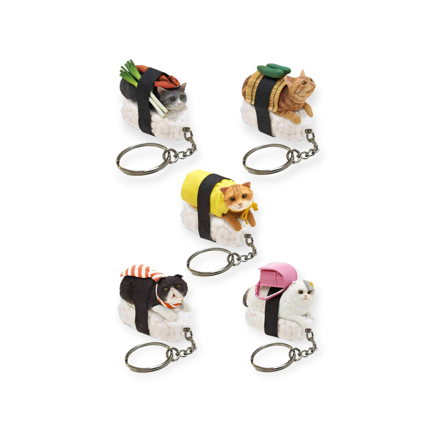 Five charming Sushi Cat Keychains from the Mofusand brand showcase their unique toppings and expressions, exuding kawaii flair as they pose in two neat rows. Enhance your collection with a delightful element of surprise by adding the Sushi Cat Keychain Blind Box - Vol.1.