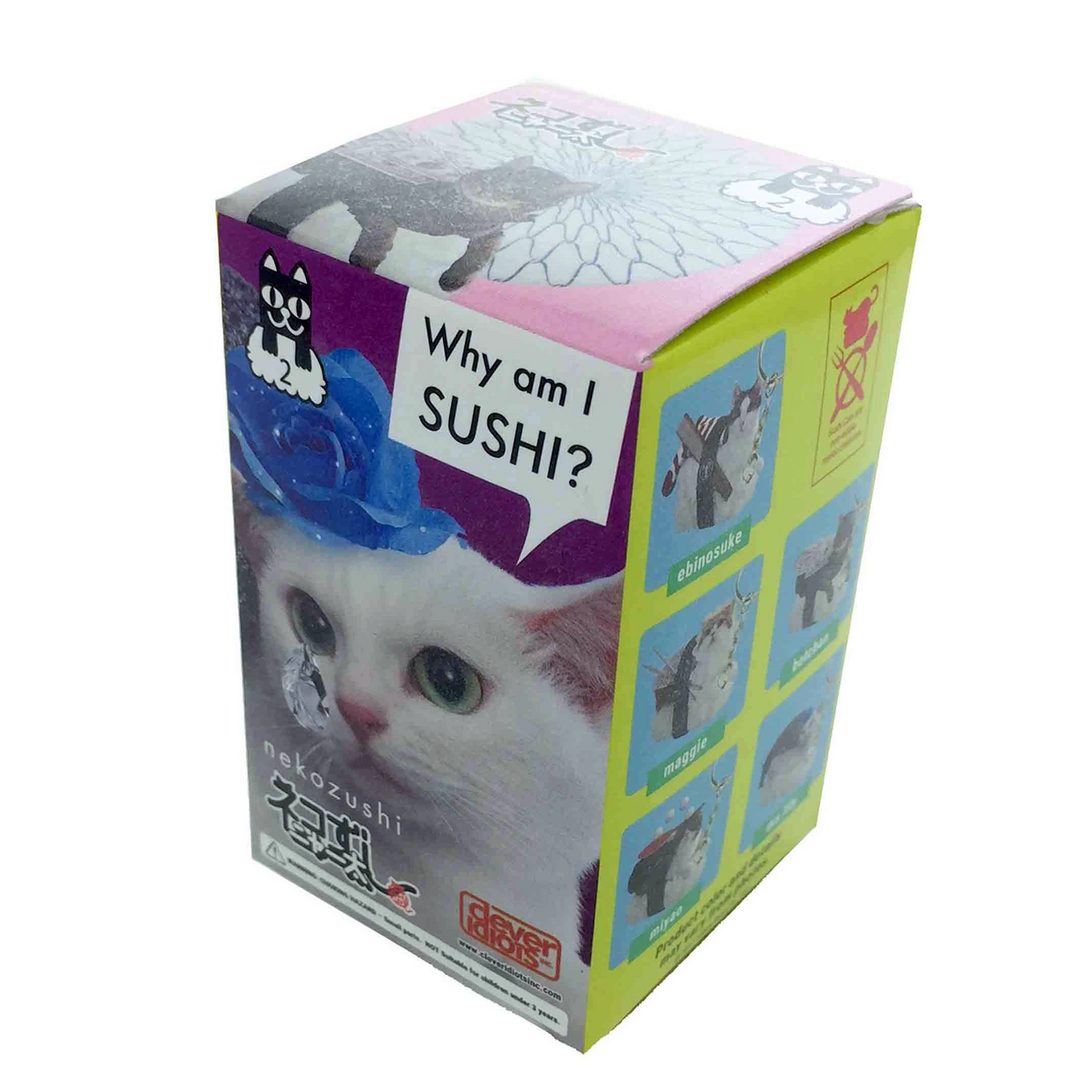 This blind box from Mofusand, part of the collectible Sushi Cats series, features a cat with a blue swirl on its head and the label "Why am I SUSHI?" It's adorned with various cats in costumes, making it an ideal choice for fans looking for unique and whimsical surprises like a Sushi Cat keychain.