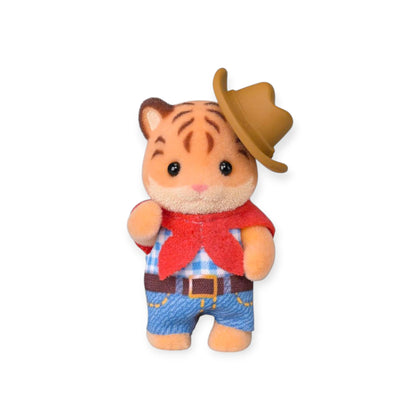 Tiger baby plush figurine with red vest and yellow hat