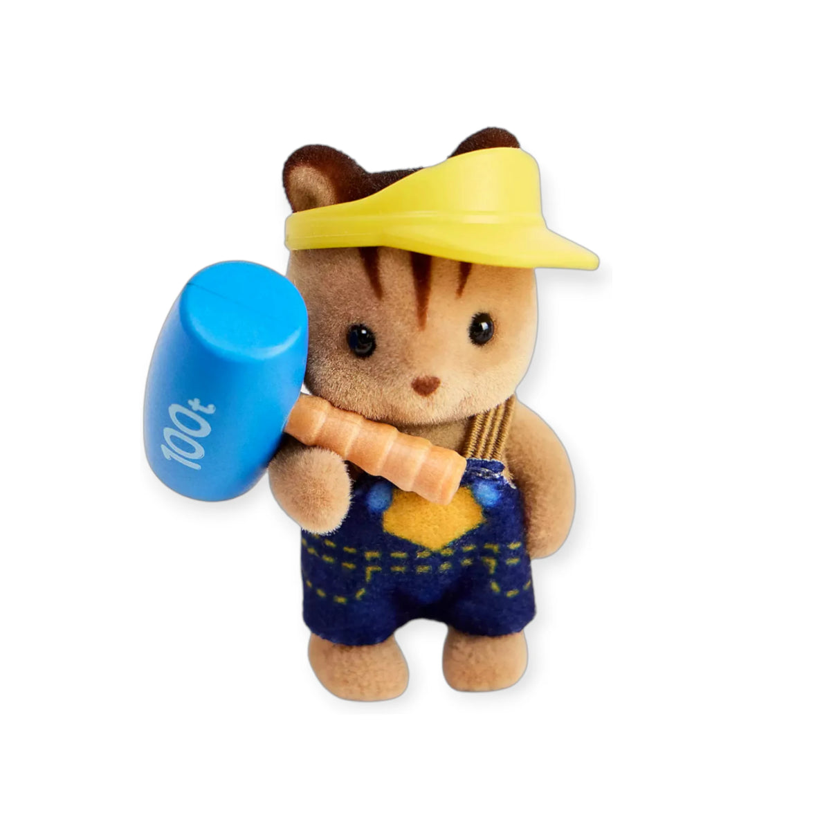 The Sylvanian Families Blind Bag - Baby Builder features a tiny cat figure in a yellow visor and blue overalls, holding a "100t" blue hammer. Ideal for collectors or fans of Sylvanian Families construction toys.