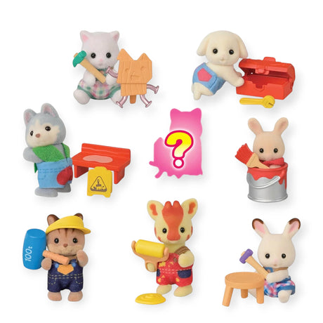 Seven Sylvanian Families babies enjoy builder-themed crafts, with a pink silhouette and question mark hinting at a mystery figure in the Sylvanian Families Blind Bag - Baby Builder collectible series.