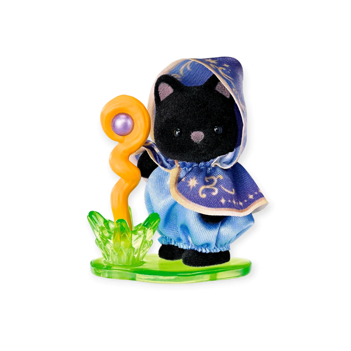 Black cat figure in blue starry hooded dress, standing on green potion base.