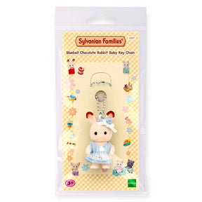 Rabbit baby keychain in package, white plush with blue dress and bow on silver chain