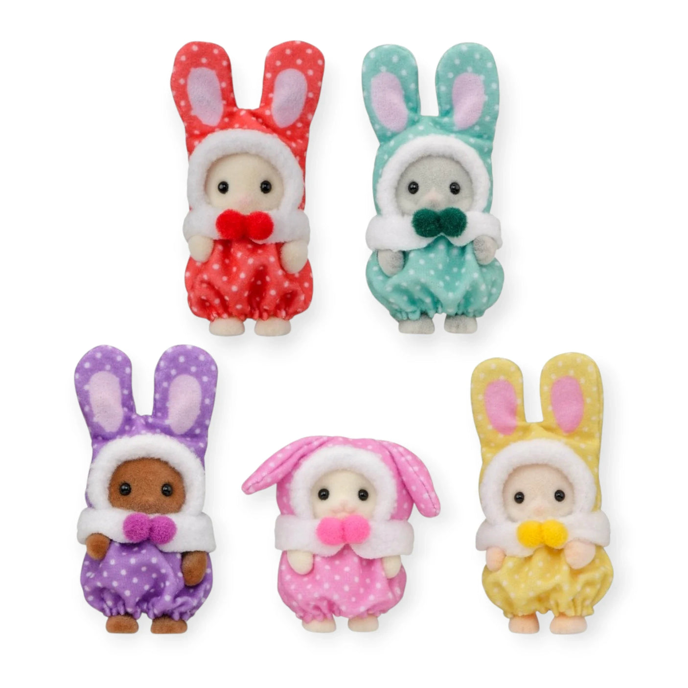 Five baby bunny plush costume figures shown together
