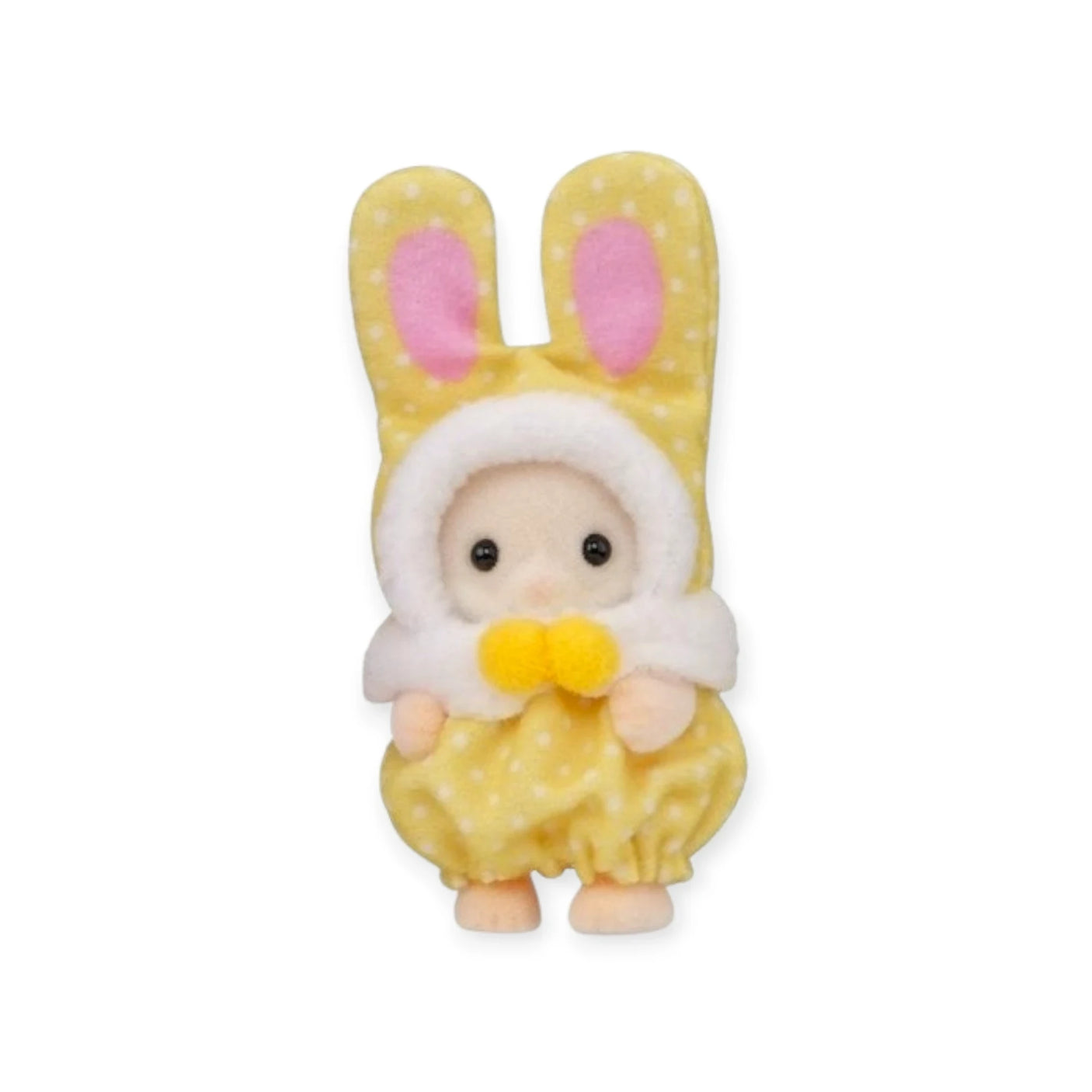 Yellow baby bunny plush costume with pink inner ears and fluffy white trim