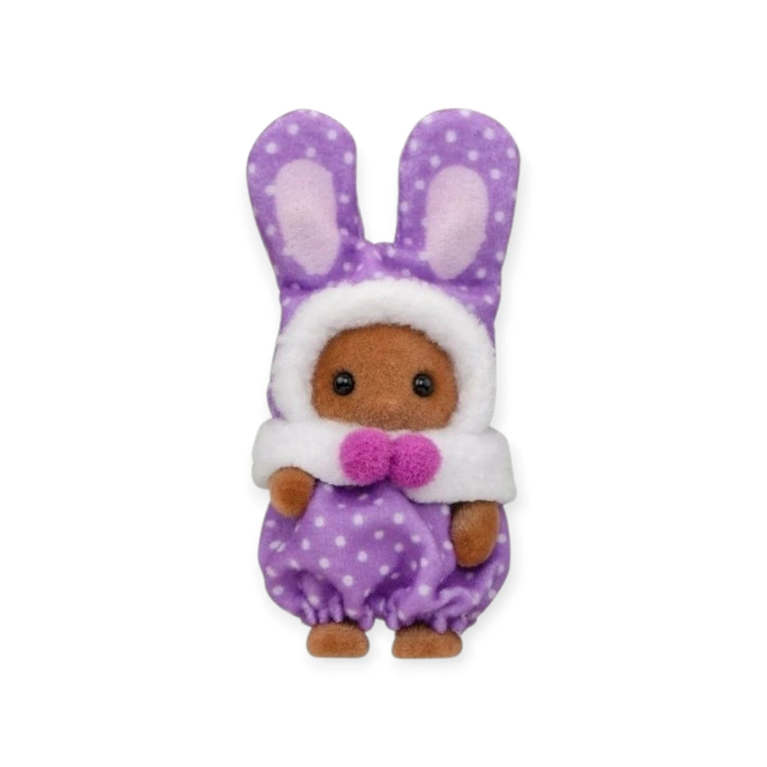 Purple baby bunny plush costume with brown face and white fluffy collar