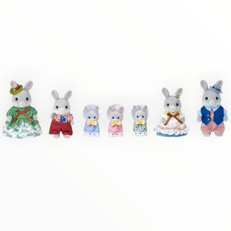 Sylvanian Families - Cottontail Rabbit Family Celebration Set with seven bunny figurines in colorful festive attire by Epoch
