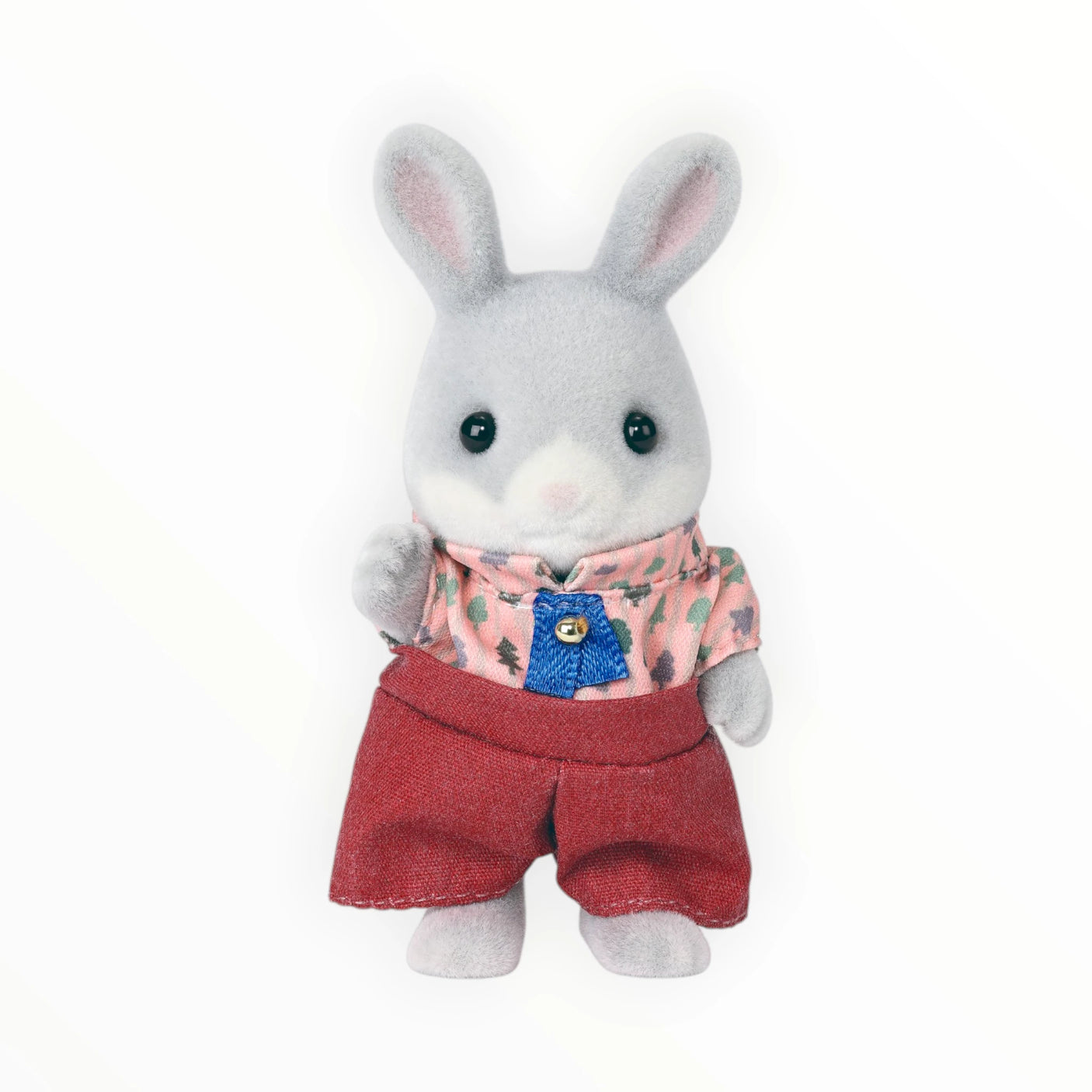 Sylvanian Families - Cottontail Rabbit Family Celebration Set gray rabbit figurine in patterned shirt and red pants isolated on white background
