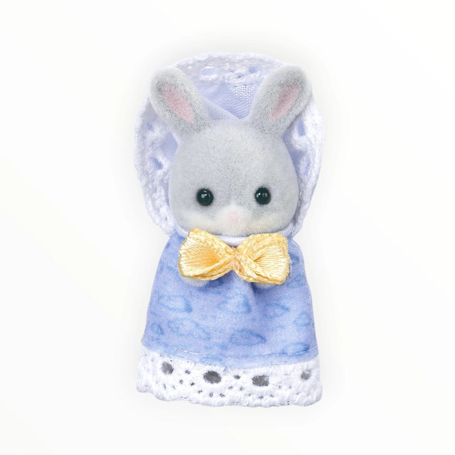 Sylvanian Families - Cottontail Rabbit Family Celebration Set gray rabbit figurine in blue cloak with lace trim and yellow bow tie accessory