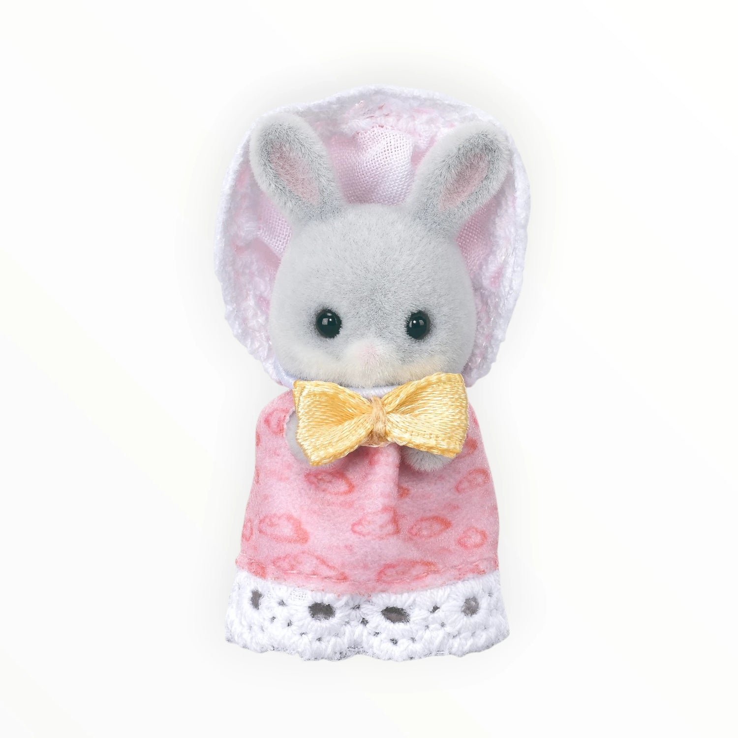 Sylvanian Families - Cottontail Rabbit Family Celebration Set gray rabbit figurine in pink bonnet and dress with yellow bow tie accessory