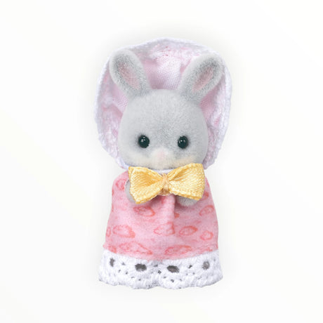 Sylvanian Families - Cottontail Rabbit Family Celebration Set gray rabbit figurine in pink bonnet and dress with yellow bow tie accessory