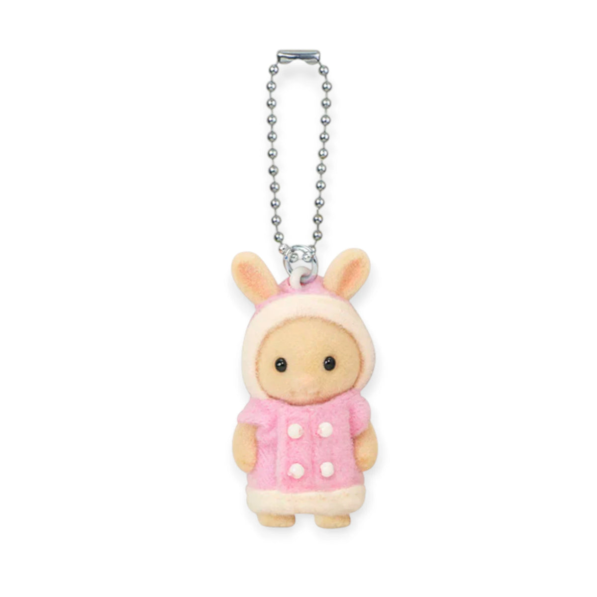 Rabbit baby plush in pink parka hanging keychain on silver bead chain