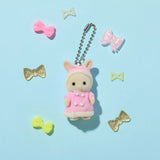 Pink parka rabbit baby plush keychain with silver bead chain and bow charms