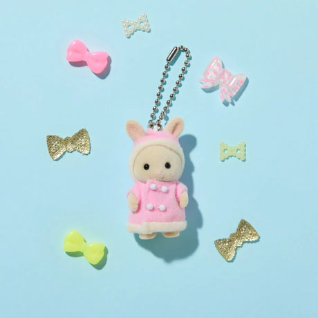 Pink parka rabbit baby plush keychain with silver bead chain and bow charms