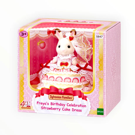 Sylvanian Families - Freya's Bday Strawberry Cake Dress plush rabbit in detailed strawberry cake dress in decorative pink box