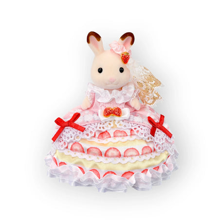 Sylvanian Families - Freya's Bday Strawberry Cake Dress with plush rabbit in pink strawberry-patterned tiered dress and lace details