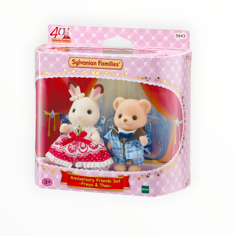 Sylvanian Families - Freya & Theo Anniversary Friends Set with plush rabbit in red dress and bear in blue suit in decorative packaging