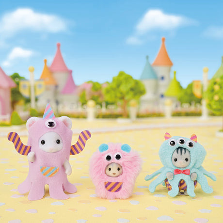 Sylvanian Families - Funny Monster Trio featuring three plush figures in colorful monster costumes with moving goggle eyes.
