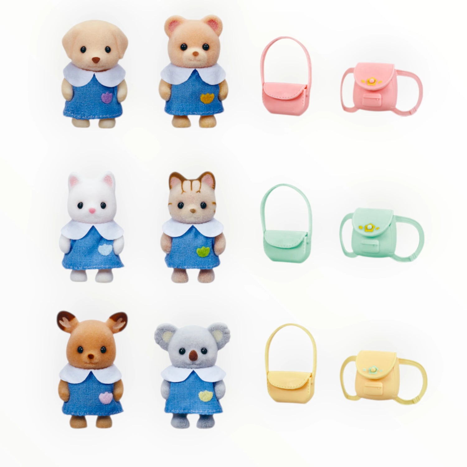 Sylvanian Families - Nursery Playmates with six baby animal figures in blue nursery uniforms and colorful bags on white background